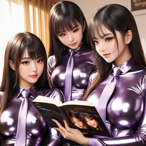 3 Japanese girls ,  masterpiece, Lens reflection, Reflected light,  in extremely tight shiny latex blouse,  high resolution , Make-up,  seductive smile , Are in the apartment sitting on the couch and reading a book, Bangs, Breasts, very long hair , Necktie...