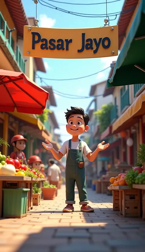 image in 3D animation ,  bright vibrant color ,  street view inside a market ,  right left a vegetable merchant in the market opens his field,  seen above an aluminum signboard that reads  "Pasar Jaya "  printed on the front in black .