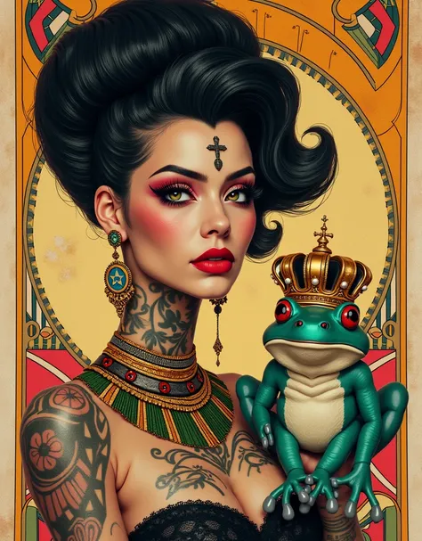 A watercolor 3D surreal artwork that elegantly fuses Art Nouveau, Egyptian Art Deco, and Mondrian styles. At the heart of the composition, Dette, a bold and striking Spanish woman with a mohawk and geometric tattoos, captures the viewers attention. Her viv...