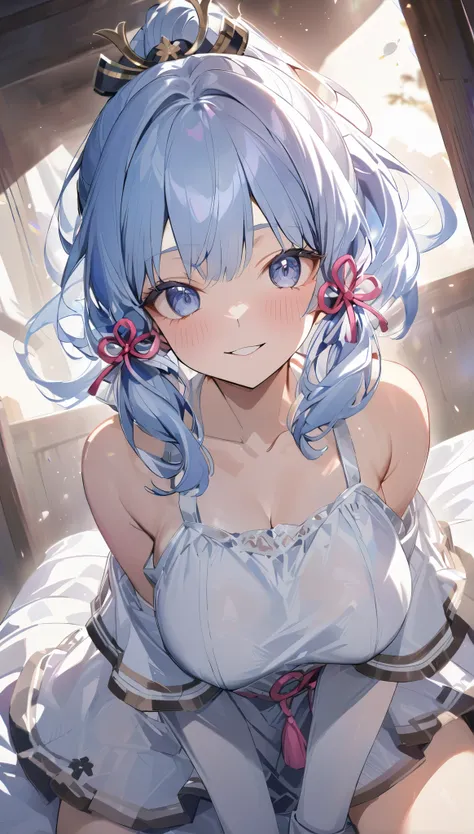 ayaka, long blue hair, beautiful face,smiling,close up to hips, moderate breast, sitting on beds, wearing beautiful white pajamas, (open mouth:0.4),illustration,detailed textures(realists),ultra-detailed,portrait style,vivid colors,soft lighting, blushing,...