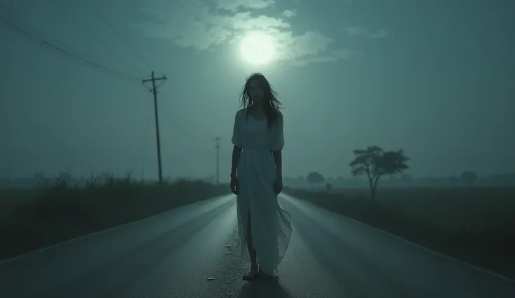 A mysterious woman aged 30, in a white sari, her hair messy and her face sad, standing on a deserted roadside under the pale moonlight. The road is empty and eerie.