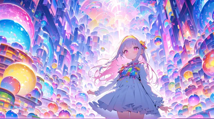  A girl in a room filled with many white cubes , digital rendering ,John Coffelt,Tumbler,Cubo-Futurism,Rainbow colored fractal,Cyber Mushroom City,Floating Crystals,Infinite Quantum Waves, Yellow Hairband ,Seraphim, Long Sleeve , pleated skirt, A young gir...