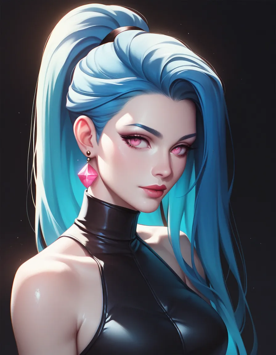 female sleeveless black leather turtleneck, high neckline, bare shoulders, racerback, bare toned arms, beautiful faces, blue ponytail with showing forehead, long ponytail, black earrings, soft smooth skin, pale skin, black background, pink eyes, sci-fi, high contrast, assassin