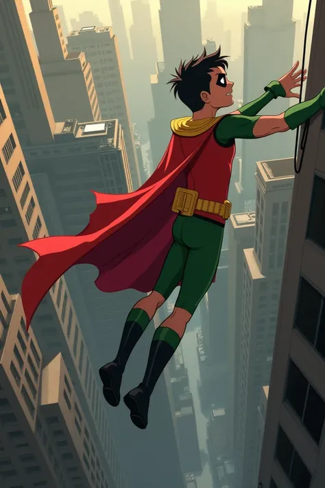 Teen titans robin uses his grapple gun to get up on top of a building 