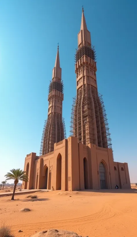 A grand view of the Great Mosque of Djenné in Mali, standing majestically in the arid Sahara Desert, with its towering mud walls and intricate wooden poles. The scene captures its three massive minarets and the surrounding sandy environment under a clear b...