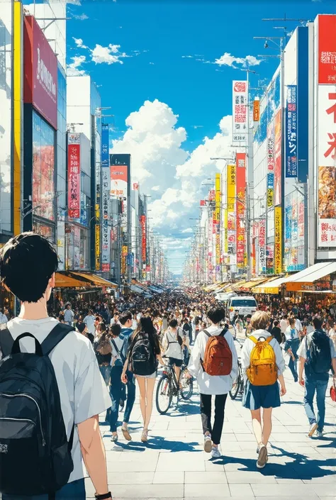 a bustling Japanese street scene during the day, vibrant colors under bright sunlight, crowds of people walking, stylish young adults, students with backpacks, couples holding hands, a mix of modern shops and traditional stores, busy traffic with taxis and...