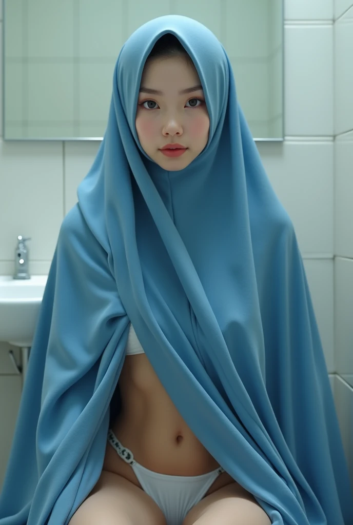 1 girl  chinese, hijab biru laut , full hijab. Close hijab, big hijab, Big tits. Bikini. Sit, front view,, in bathroom, skinny skin