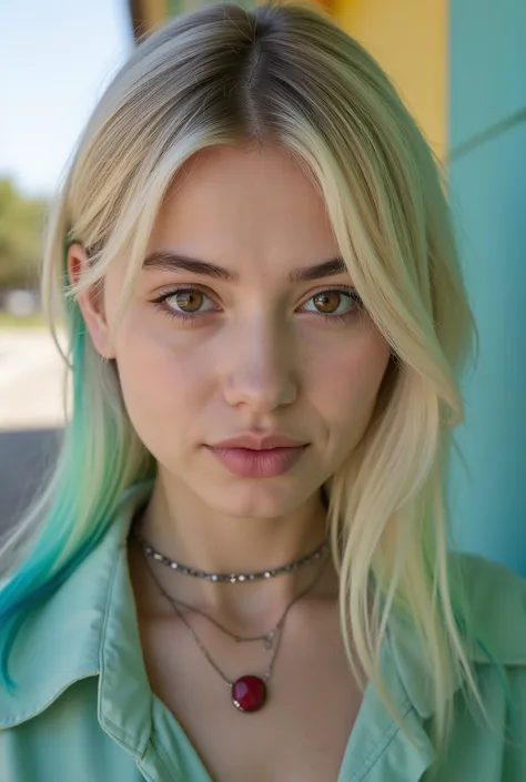 Stunningly petty teen girl. 18. Mid view. High-quality, realistic, HD, ultra-detailed. Platinum white blonde hair with streaks of neon green and teal, elbow length and pinstraight, tucked behind her right ear revealing a small heart shaped face. Round gold...