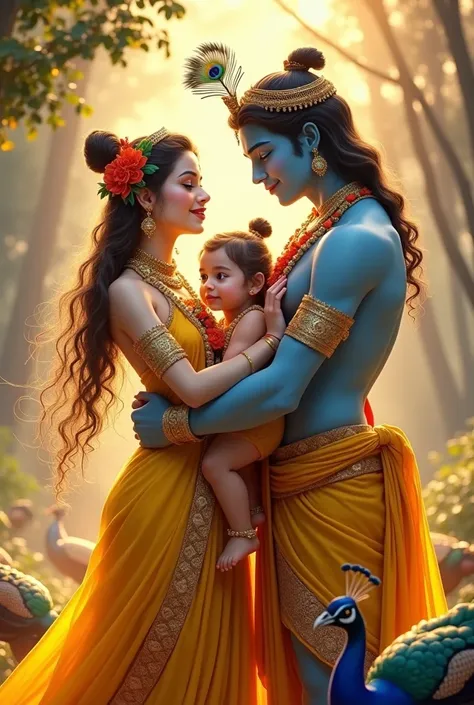 "Imagine a divine setting where Vishaka Sakhi, envisioned as the cherished daughter of Radha and Krishna, stands between them in an expression of familial love and eternal grace. Vishaka radiates a celestial charm, her complexion fair and luminous, glowing...