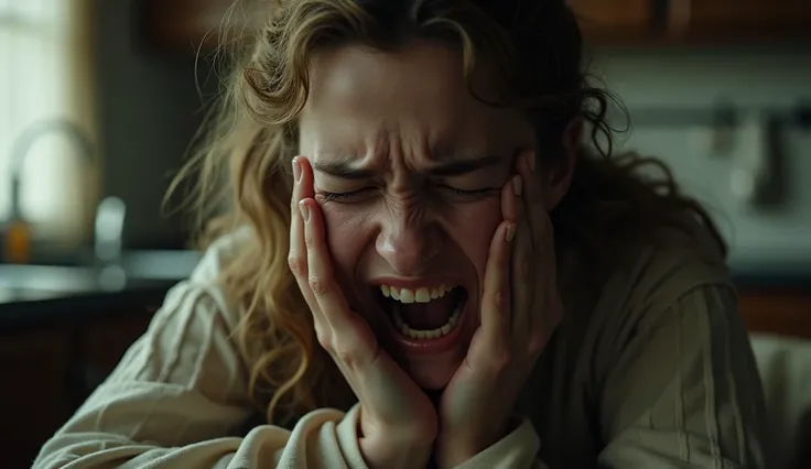 a close up of a person sitting in a kitchen with a text overlay, in pain, screaming in pain, imogen poots paladin, releasing pain, imogen poots as holy paladin, emotional pain, imogen poots d&d paladin, recovering from pain, rain is falling, imogen poots, ...