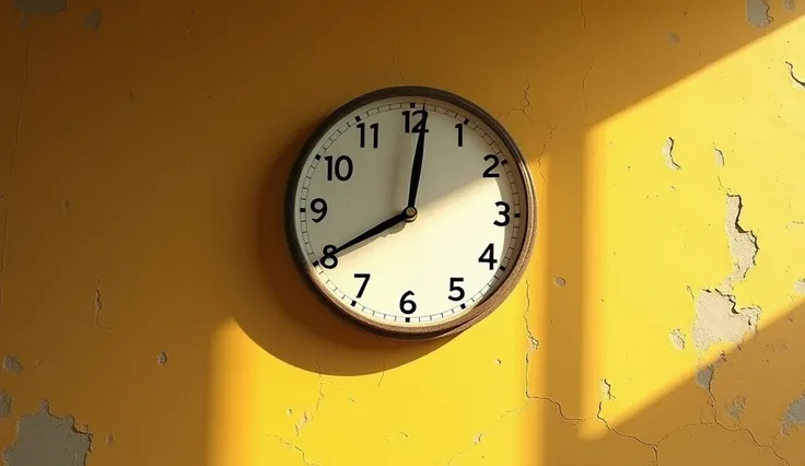 "Create an image of a simple wall clock hanging on a yellow, slightly aged wall in a rural home in Buenos Aires during the 1970s. The clock has a modest design, with a round white face, black numbers, and slender black hands pointing to 12 oclock, indicati...