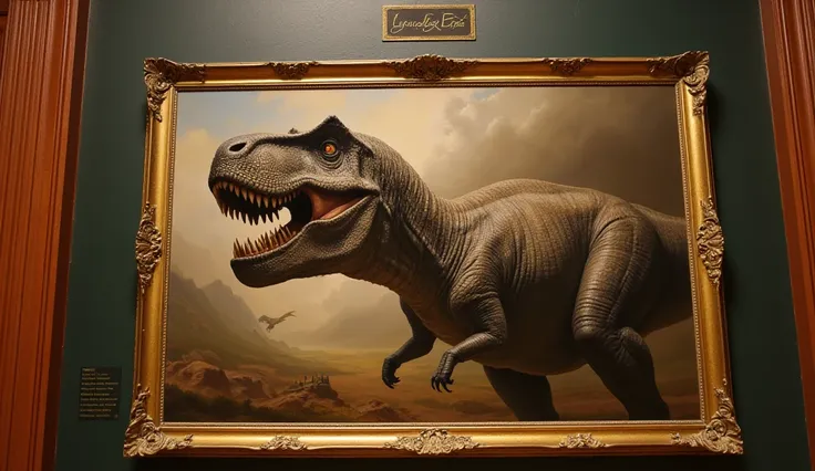 A portrait of Count Tyrannosaurus in a gorgeous frame displayed in a museum