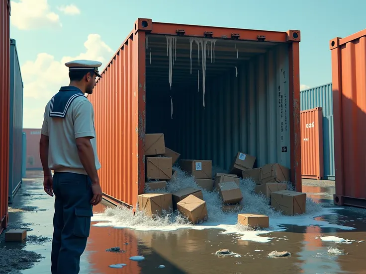  A container arrived wet due to the negligence of a sailor, damaging all merchandise .