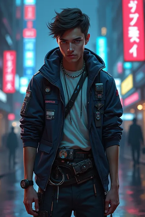 concept art guy: Teenager with tech gadgets on his belt, blue eyes