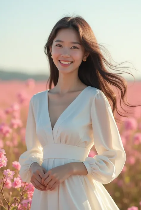 

best quality, masterpiece, very high resolution, (In Photorealist: 1.4), Raw photo, Beautiful Asian woman wearing a long-sleeved white dress , slightly plump chest, blooming flower fields, glowing white skin, sweet and bright smile. Long hair blowing in ...