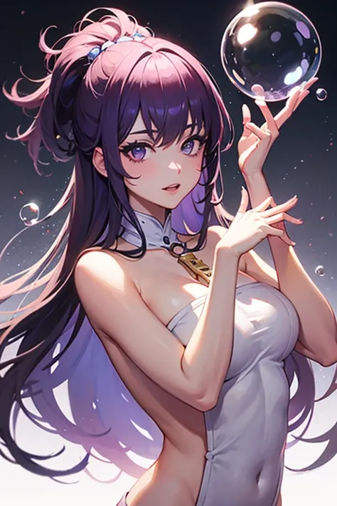 holding key, oversized Key, purple and white naked magical girl, bubble background, spoken character, multiple bubble