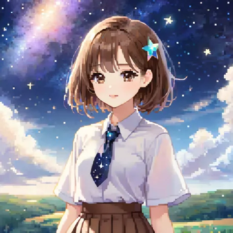 1girl, pastell color, bob hair((brown color)), short brown skirt, cute face, starry, white skin, brown eyes, cloud, sky, lovely, necktie