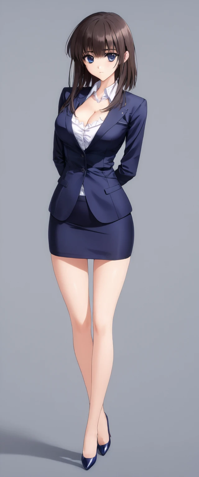 Megumi Kato,  1 girl, Alone, bangs,  brown hair, (((Female lawyer, ( formal suit micro mini skirt,   Micro Mini Pencil Skirt),  white shirt,   Navy Blue Jacket,Big Breasts、 cleavage、Thin legs、The white panties are visible from the hem of the skirt,The whit...