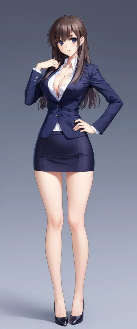 Megumi Kato,  1 girl, Alone, bangs,  brown hair, (((Female lawyer, ( formal suit micro mini skirt,   Micro Mini Pencil Skirt),  white shirt,   Navy Blue Jacket,Big Breasts、 cleavage、Thin legs、The white panties are visible from the hem of the skirt,The whit...