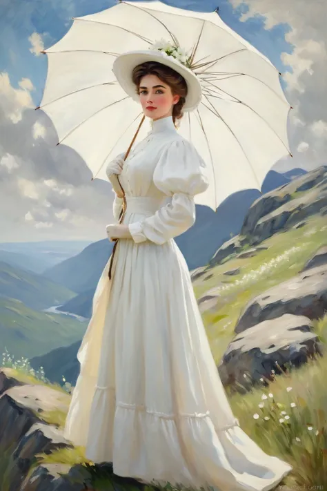 beautiful naive looking woman wearing a white edwardian gown with puffy sleeves, white edwardian hat with white flowers, loose edwardian bun, posing elegantly and sweetly as she holds a white frabic made umbrella on the top of a mountain in norway. impress...