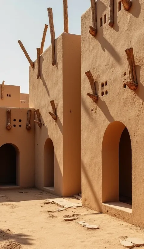 A detailed close-up of the Great Mosque’s mud walls, showcasing the craftsmanship of Sudanese-Sahelian architecture. Highlight the wooden poles protruding from the structure, the smooth earthy texture of the walls, and the unique blend of natural materials...