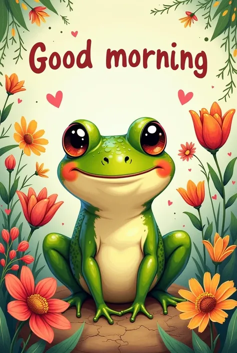 Postcard with flowers, good morning with frog