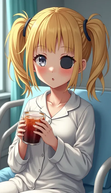  1 girl,  Grown Ups, twin tails,Dark yellow hair, hospital bed ,Baggy clothes, high definition , masterpiece, accurate,  Very detailed,  textured skin, reality, fluffy pajamas, modest breasts, short hair ,White Eyes,Drink in a cup ,black eye patch on one e...