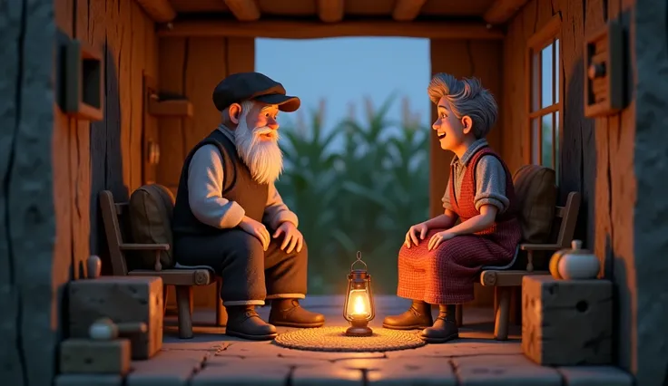 "A detailed 3D illustration of an elderly man with a white beard, wearing a cap and simple farm clothes, sitting comfortably inside a cozy, well-maintained hut. He is engaged in a warm conversation with his wife, who is wearing traditional rural attire, wi...