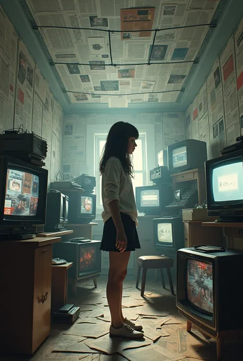 A girl in a large room full of newspapers and YouTube videos and retro television showing the difference between traditional and digital media.