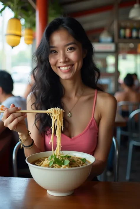 A thai woman about 25 years old,Long black hair with curls at the ends, white skin, Wear a pink tank top Wear jeans shorts that go past the knee, like never seen anywhere before, Sitting on a chair in a noodle shop, holding chopsticks to pick up noodles in...