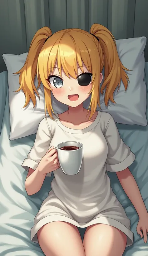  1 girl,  Grown Ups, twin tails,Dark yellow hair, hospital bed ,Baggy clothes, high definition , masterpiece, accurate,  Very detailed,  textured skin, reality, fluffy pajamas, modest breasts, short hair ,White Eyes,Drink in a cup ,black eye patch on one e...