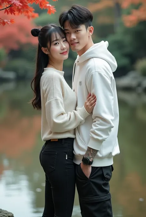 Cinematic photorealistic very romantic couple, beautiful Korean woman with smooth white skin and perfectly groomed face, hair tied in a bun with Korean style bangs, wearing a hiaju sweater, tight black jeans with ripped knees, white sneakers and a handsome...