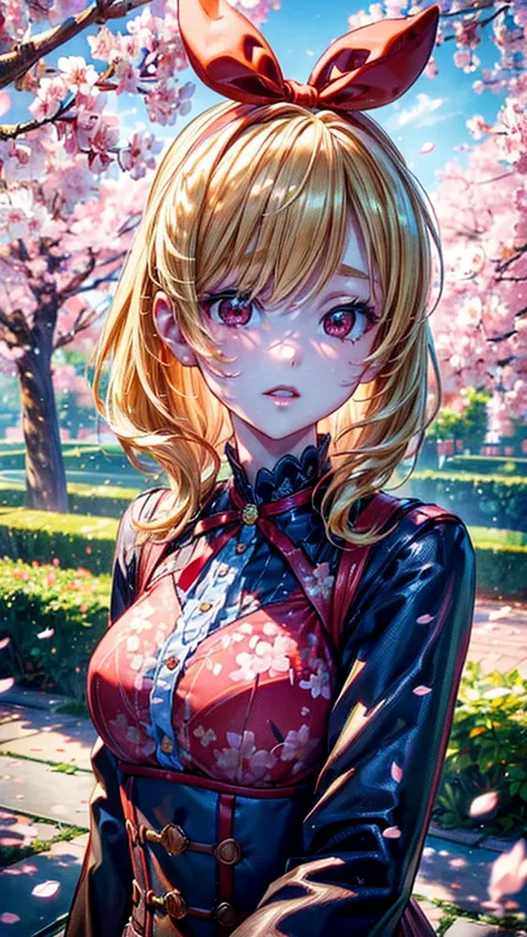 (RED Ribbon on HAIRband:1.2),Blonde HAIR,(masterpiece, best quality, highly detailed, ultra detailed, high resolution, absurdres, 4K, 8K:1.2), (official art, incredibly fine illustration, extremely detailed CG, detailed background, cinematic lighting, dyna...