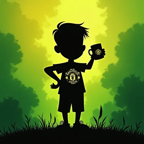 Admin whatapp groups Profile picture, silhouette manchester united fan cartoon holding coffee, green and gold colors, red devils