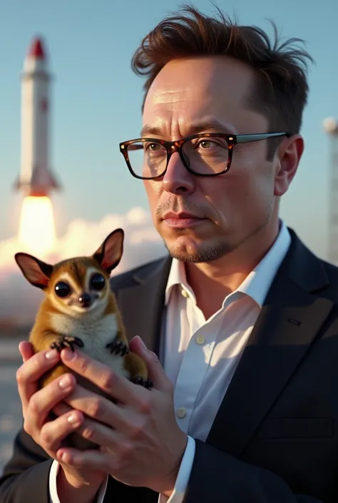 (photorealism:1.2), Elon musk in glasses , 
holding sugar Glider at space X
