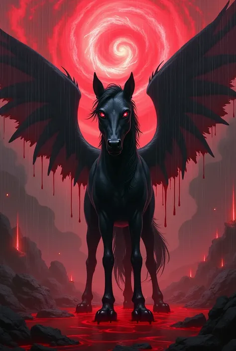 A black four-legged she-wolf pony in a sea of blood , bloody rain,  a she-wolf takes refuge from the bloody rain with her wings ,  around streams of energy ,  a four-legged she-wolf pony looks at the screaming faces of demons in swirls of blood