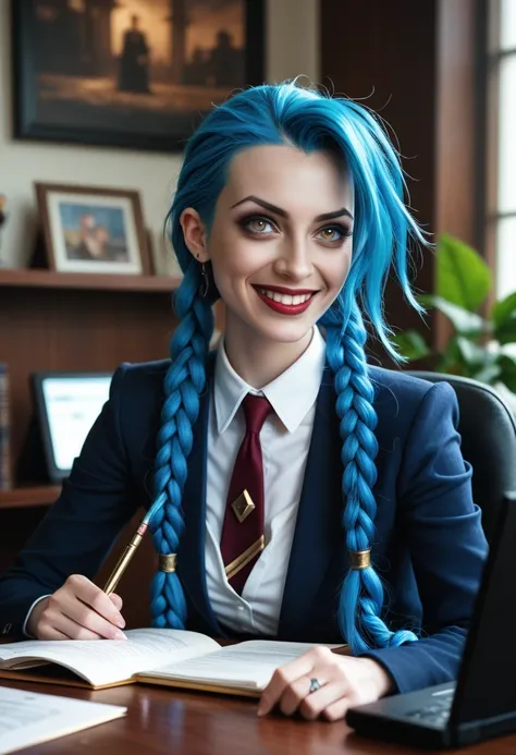 ,,fkfce  ,  half-length portrait of  [ Olga Sybil | Danneel Harris ] as [Hermione granger| Paloma Cameron ] as a real life version of (Jinx de league of Legends:1.28) open office fantasy background, Enchanting smiling by Rebeca Saray and Flora Borsi, ultra...