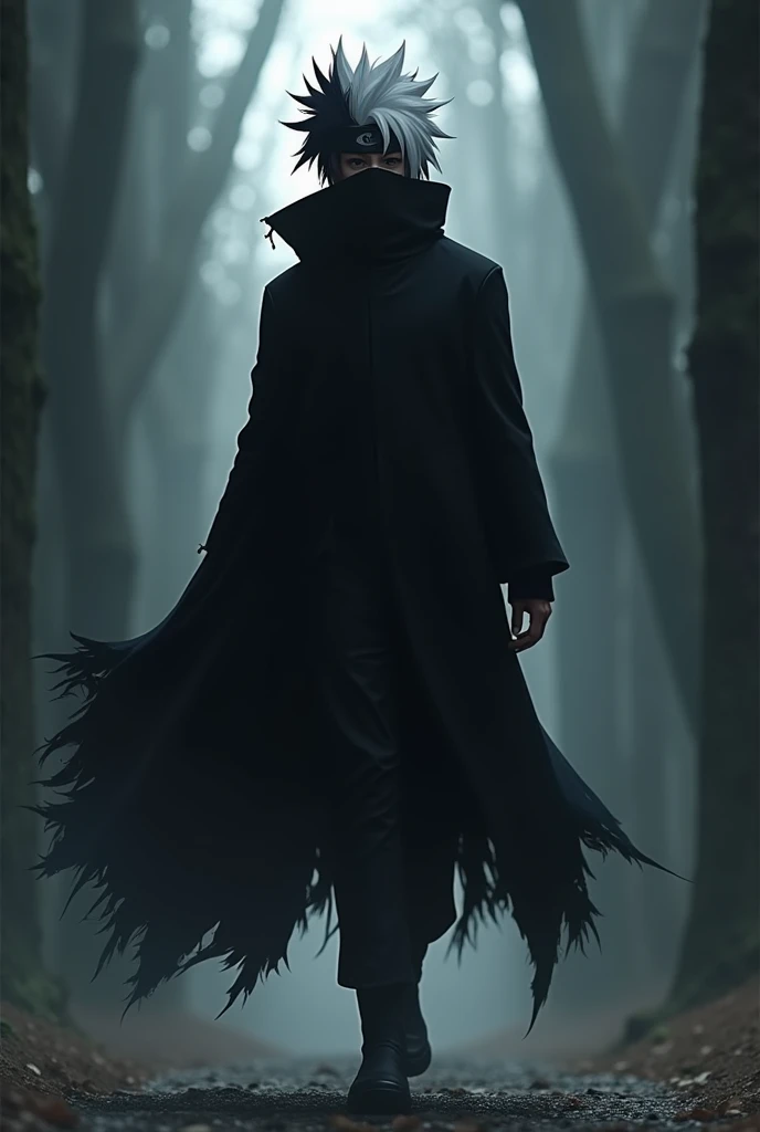 A character with a strong resemblance to Obito Uchiha, featuring a mysterious and intense presence. They have the same dark, spiky hair, but styled like Kaneki Kens hair from Tokyo Ghoul—white at the tips, transitioning into dark at the roots. The characte...