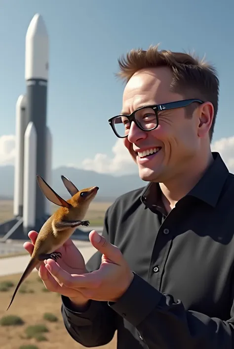 (photorealism:1.2), Elon musk in black glasses smiling 
And holding sugar Glider flying at space X
