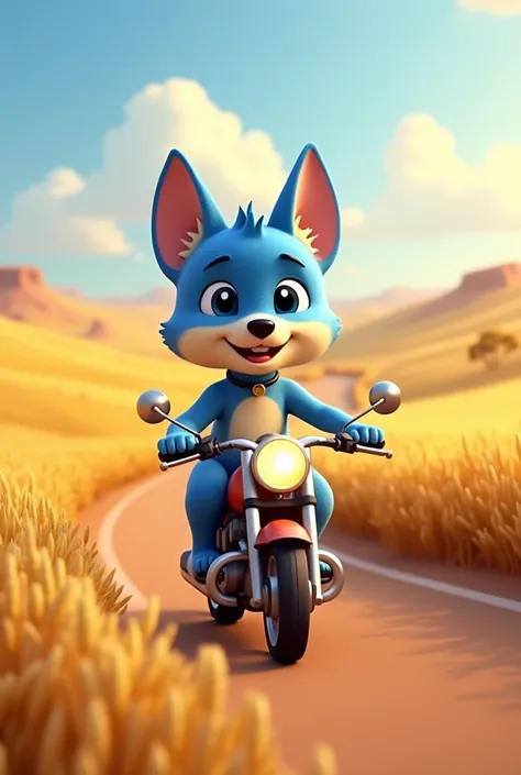 bluey character riding a motorbike down a winding road with golden wheat fields of either side. soft light 