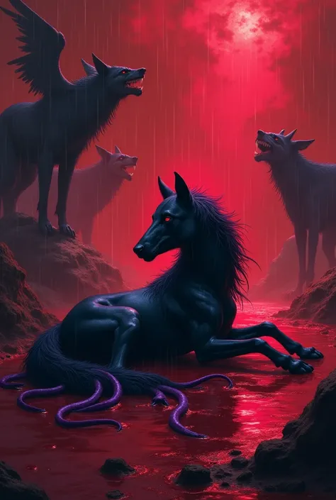  A black four-legged she-wolf pony lies in a sea of blood , bloody rain,  a she-wolf takes refuge from the bloody rain with her wings ,  around streams of energy ,  a four-legged she-wolf pony looks into the bloody skies , the faces of screaming demons aro...