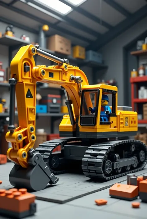  Create Lego-style images of an excavator in the workshop . The workshop is owned by DANFER  