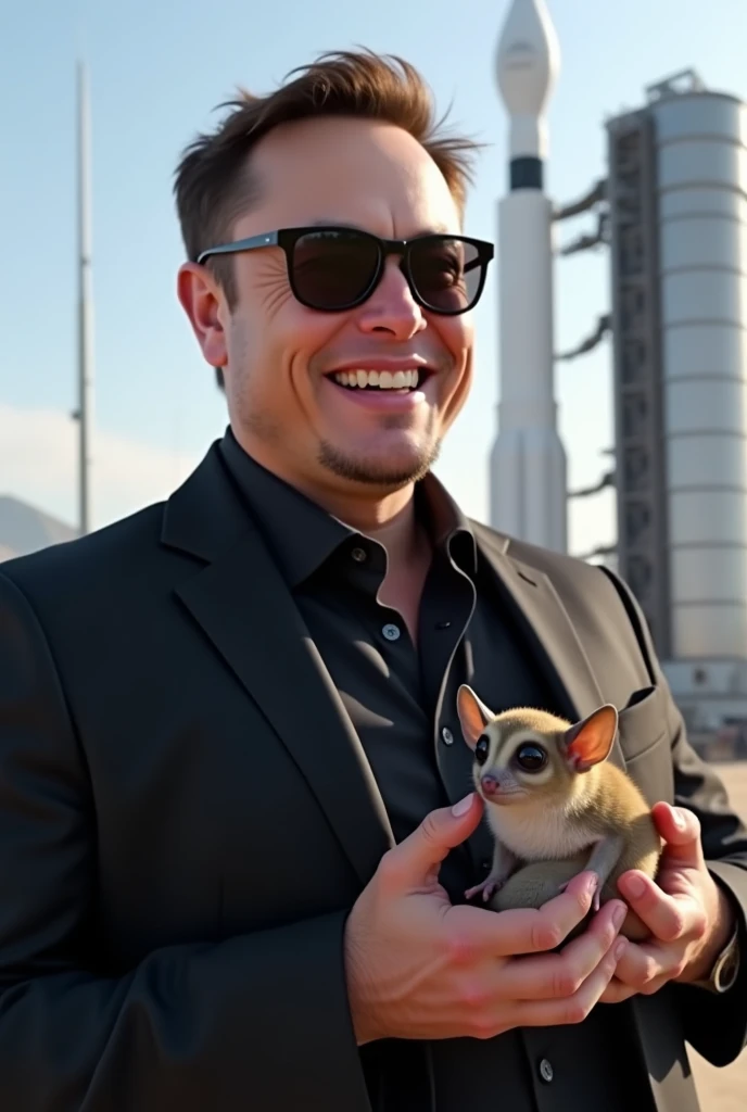 (photorealism:1.2), Elon musk in black shade glasses smiling And holding sugar Glider  at space X
