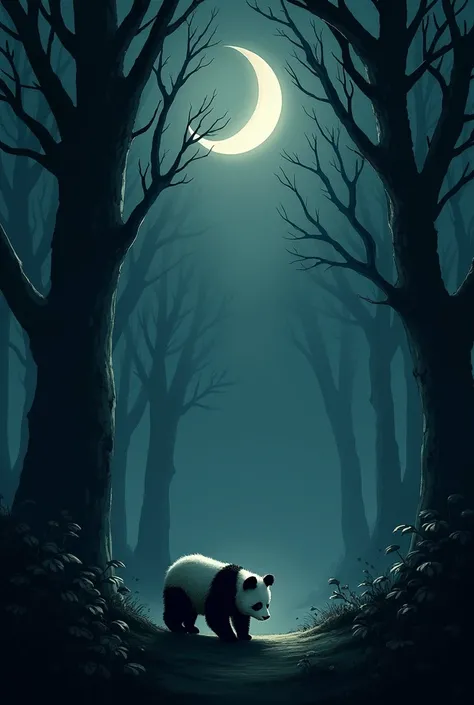 "A dark, eerie forest with a cute panda looking around nervously. Mysterious shadows loom between the trees under a dim moonlight.", 🌙