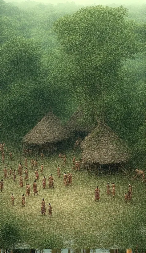 "Visualize an ancient village from the Văn Lang - Âu Lạc civilization, set in the lush green landscapes of Southeast Asia. The scene depicts a bustling community centered around traditional stilt houses with curved thatched roofs made of palm leaves. These...