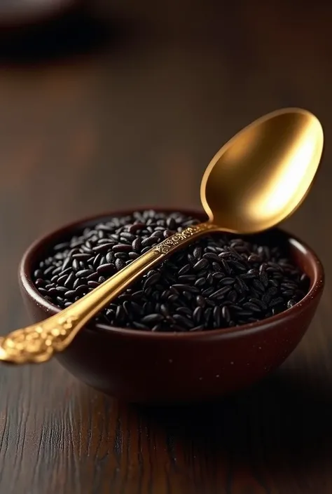 a gold spoon having long rice seeds with black color bowl of rice 