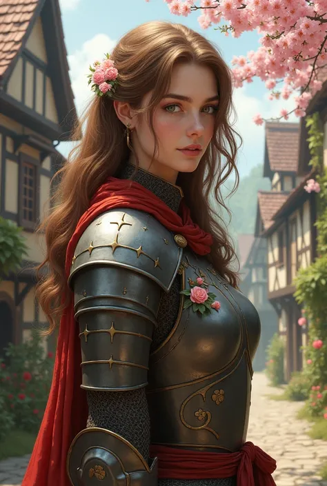 Brown-haired beautifil woman, town guard, medieval fantasy world, blossom theme armor