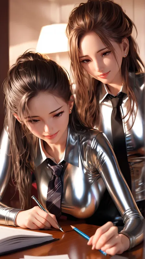 2 girls buttoned in extremely tight shiny dark silver latex blouse, high resolution ,  masterpiece, langes Haar, Lens reflection, Reflected light,  seductive smile , Necktie, Are in the apartment doing homework , messy hair at the cinema,  brown hair , por...