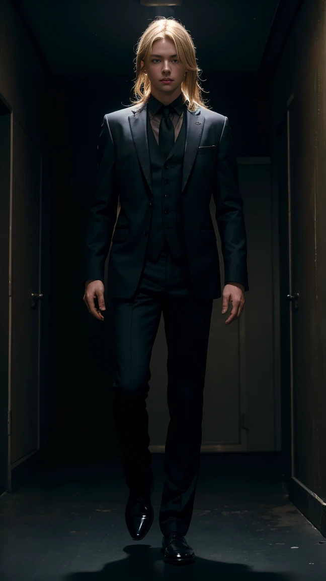  best quality,   Masterpiece ,   Ultra High Resolution , (Photographically:1.4),  RAW photos ,  1 girl,  blonde hair,  blue eyes,   Detailed Eyes and Faces ,  black suit, Dynamic Lighting,  in the dark , Deep shadow,  discreet , Full body shot of a cowboy