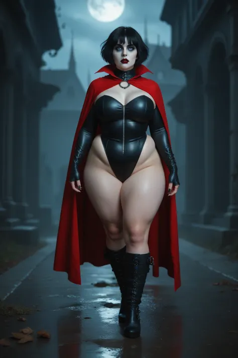 Beautiful undead gothic vampire girl with short dark hair and blue eyes, BLACK LEATHER LEOTARDS, red cape, hourglass silhouettes, Big and big butts, musculada fitness,super huge , Waders, BBW 